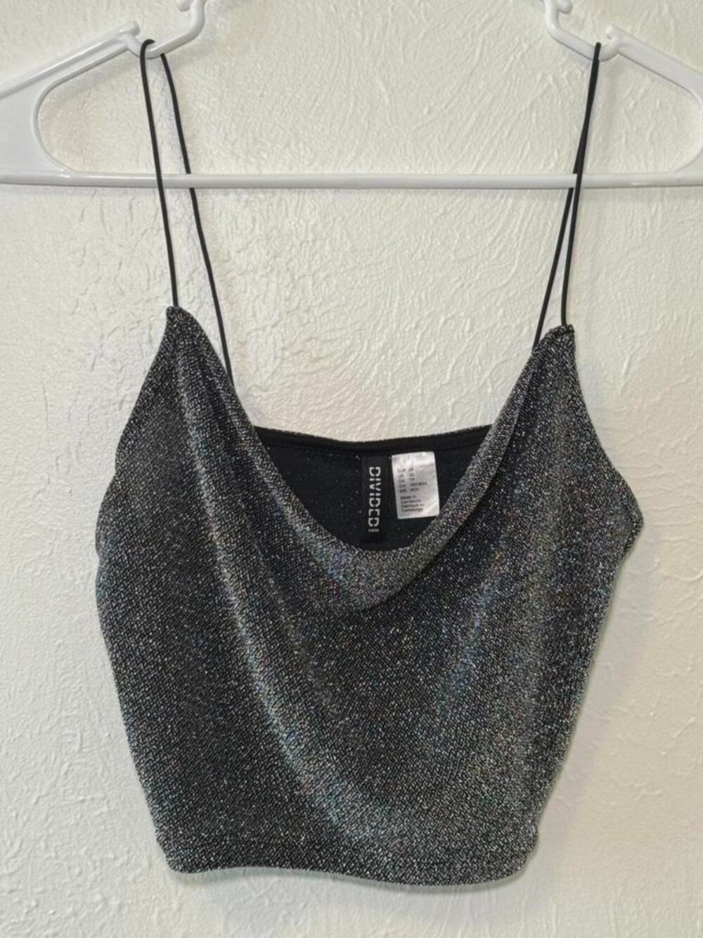 H&M Divided Shimmer Silver Sparkle Mesh Crop Skinny Strap Tank Top Size XS